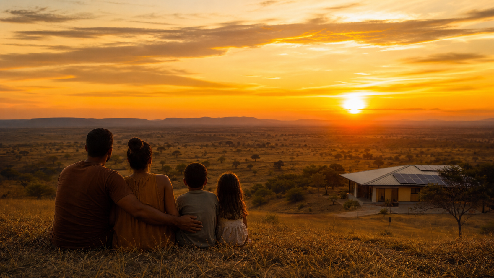 Família contemplando o pôr do sol no Oeste da Bahia, próxima a uma casa com energia solar